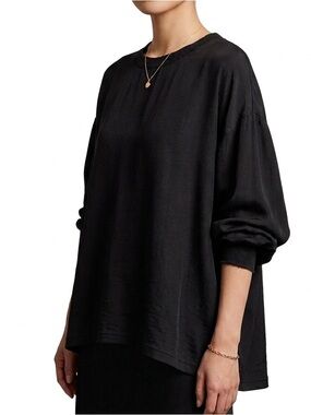 Vince Black 100% Silk Top with Ribbed Trim Relaxed Fit